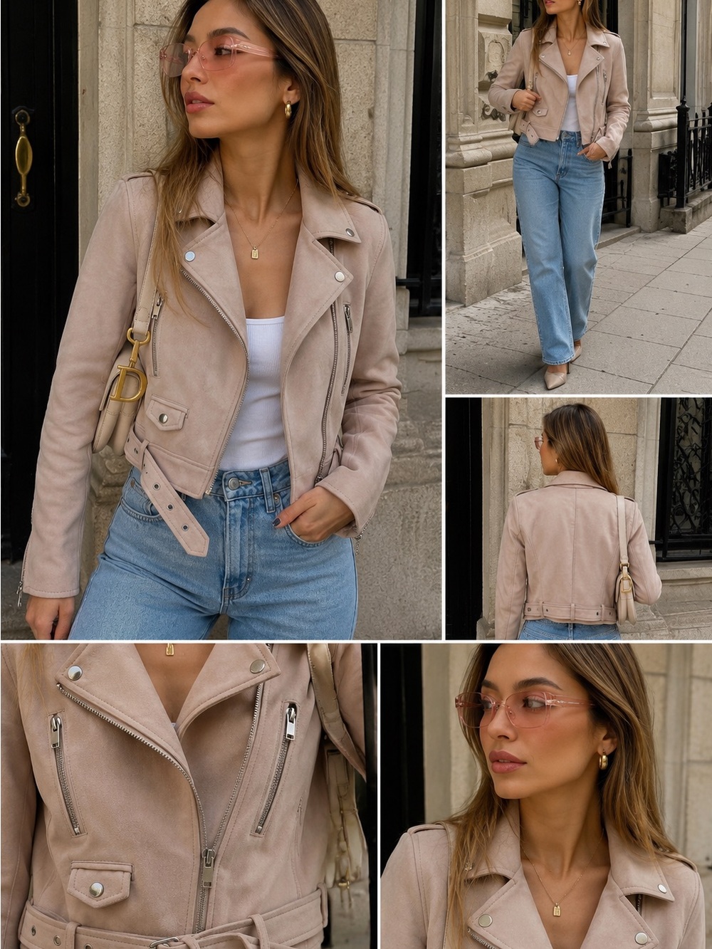 Zara Beige Suede Moto Jacket with Silver Hardware